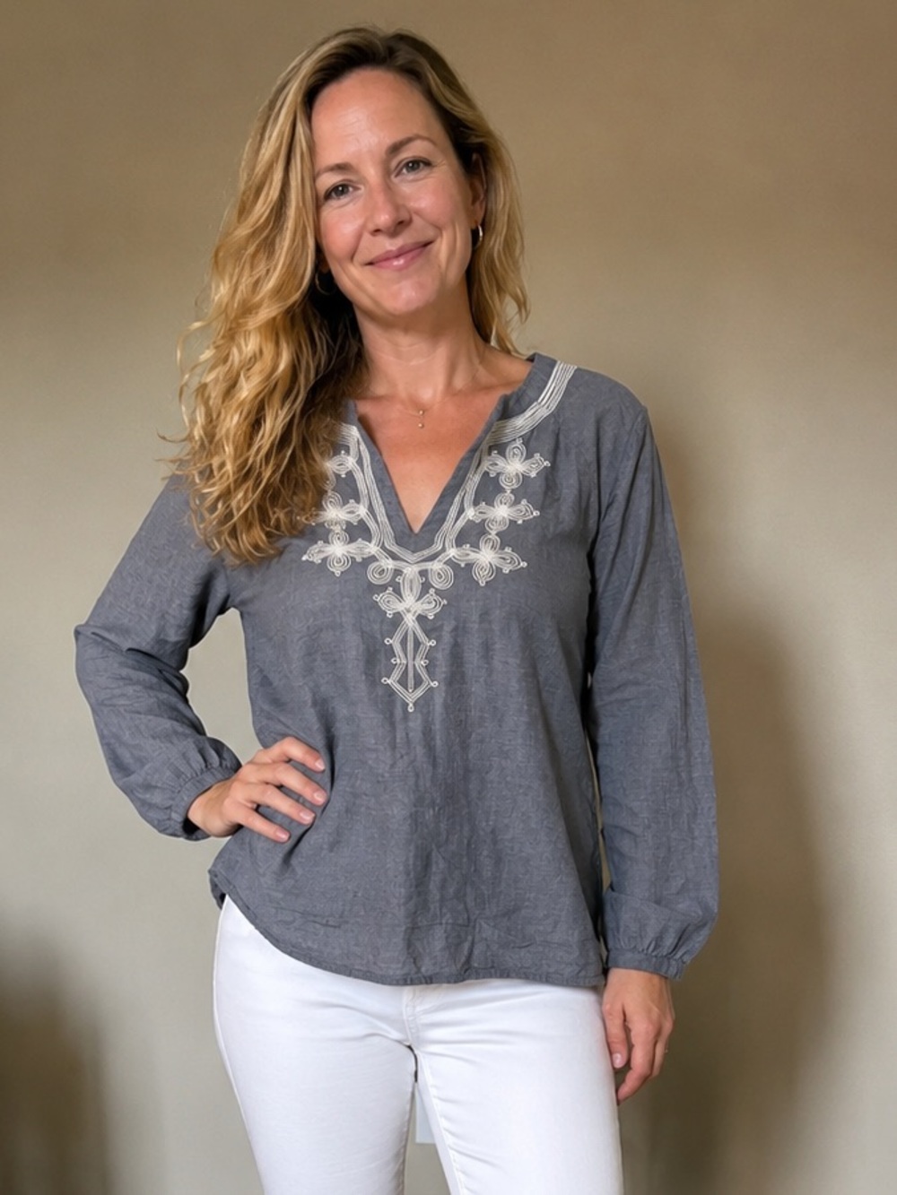 J.Crew Embroidered Chambray Cotton Tunic Top Large Blue Boho